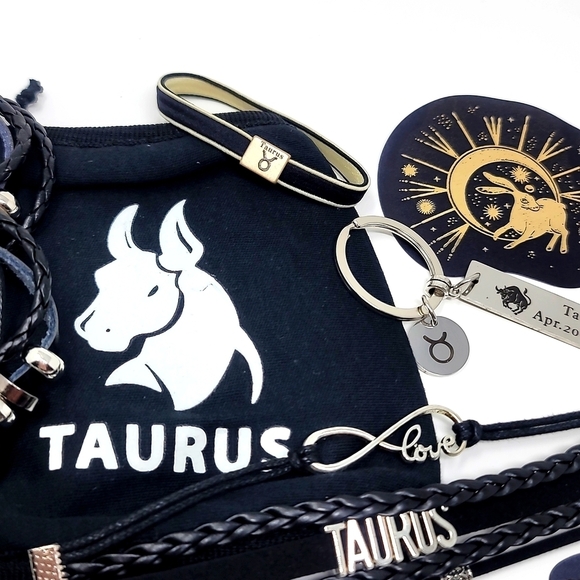 Taurus Zodiac ✦ Leather Bracelet Bundle ✦ Keychain Stickers Hair Tie & Mask NWT - Picture 5 of 12